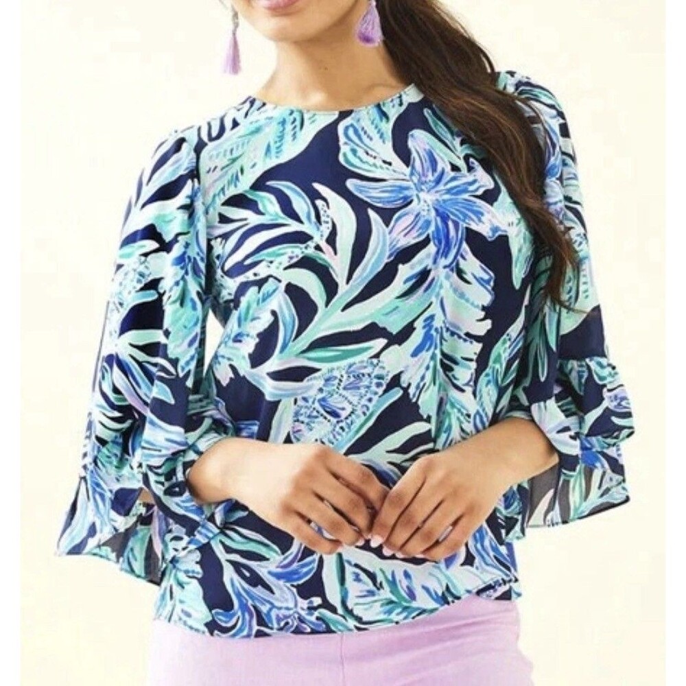 Lilly Pulitzer Francis Top Bell Sleeves Ready Set Gecko Print XXS Resort Vacay